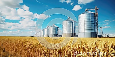 Elevator. Large aluminum silos for storing cereals against the blue sky and voluminous clouds. A field of golden ripe wheat. Stock Photo