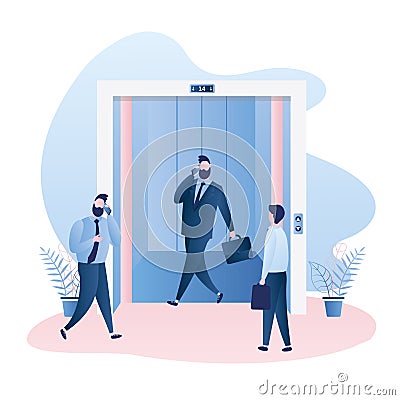 Elevator or lift with open doors,different businessmen standing and walking Vector Illustration