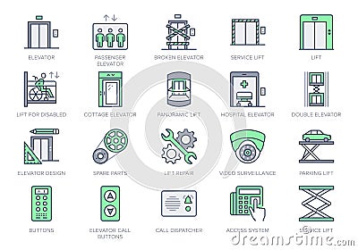 Elevator line icons. Vector illustration included icon - service lift, parking, disabled cabin, security camera, access Cartoon Illustration