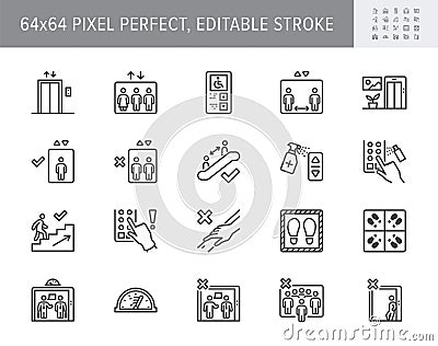 Elevator pitch line icons. Vector illustration, keep social distance icon, disinfect lift button, avoid touching Vector Illustration