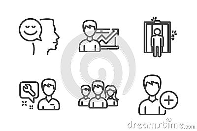 Elevator, Repairman and Success business icons set. Good mood, Teamwork and Add person signs. Vector Vector Illustration