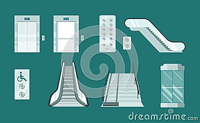 Elevators and escalators set. Modern stair lifts used in metro shopping malls high airport stairs moving steps special Vector Illustration