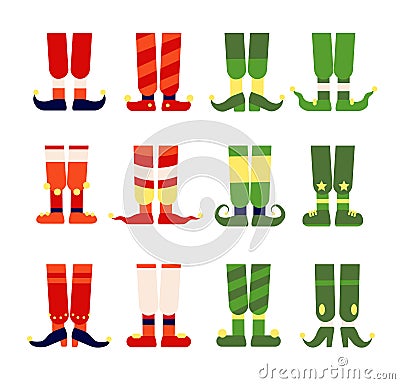 Elf feet and legs. Christmas santa elves stocking in shoes boots. Cute leprechaun or dwarf foot, flat xmas funny magic Vector Illustration