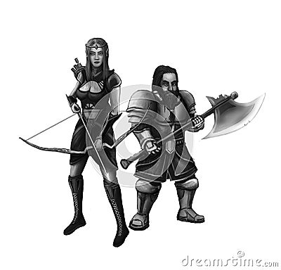 Elf girl and the little dwarf warrior Stock Photo