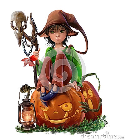 Elf Girl Sits on a Halloween Pumpkin Stock Photo