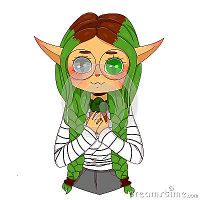 Green-eyed Elf with green hair Stock Photo