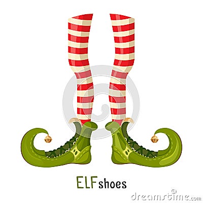 Elf green shoes and striped red leggings on thin legs Vector Illustration