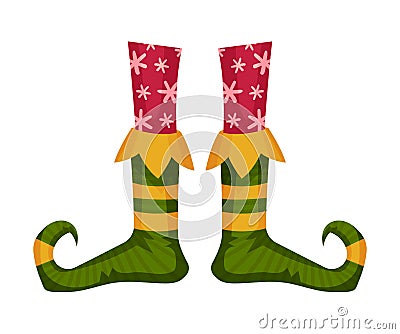 Elf Legs in Patterned Stockings and Funny Shoes With Jingle Bell Vector Item Vector Illustration