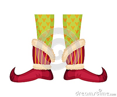 Elf Legs in Patterned Stockings and Funny Shoes With Jingle Bell Vector Item Vector Illustration