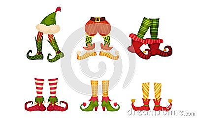 Elf Legs in Shoes with Crooked Toes and Ornamental Pants or Socks Vector Set Vector Illustration