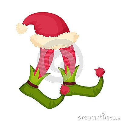 Elf Legs in Striped Patterned Stockings and Funny Shoes With Jingle Bell Vector Item Vector Illustration