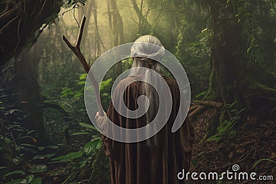 Elf old woman forest. Generate Ai Stock Photo