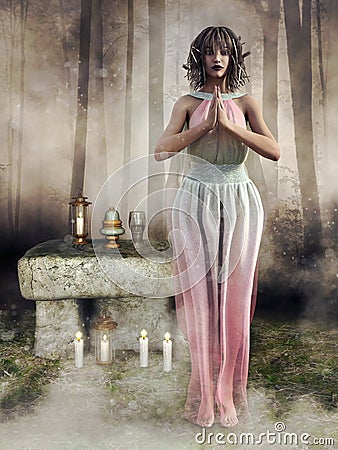 Elf priestess in front of a fantasy altar Stock Photo