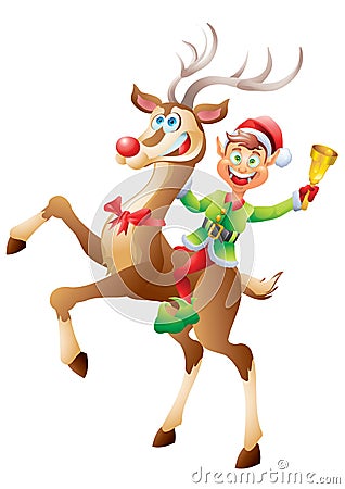 Elf riding reindeer with christmas bell isolated Vector Illustration