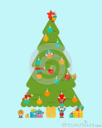 Elf Santa decorating Christmas tree. Little Christmas Helper. Xmas and New Year Vector Illustration Vector Illustration