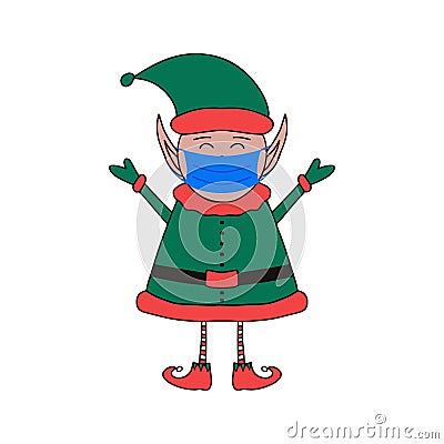 Elf of Santa in medical mask on a white background Vector Illustration