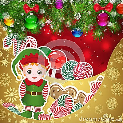 Elf, Santa`s helper on the background of sweets, decorated Christmas balls branches. Vector Illustration