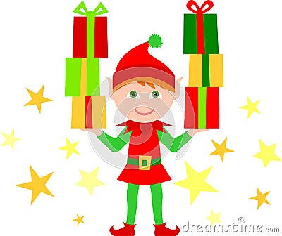 Elf with Stacks of Gifts/eps Vector Illustration