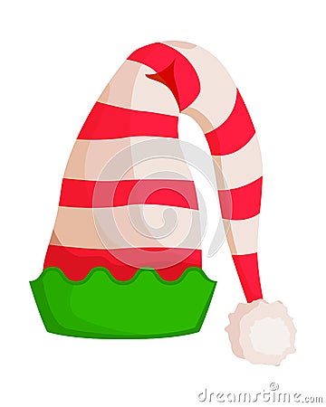Elf Striped Hat with Green Wavy Trim Isolated Vector Illustration
