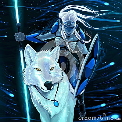 Elf with white wolf Vector Illustration