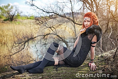 Elf woman with fiery hair on a log. Stock Photo