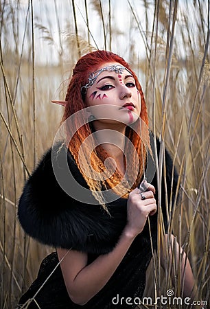 Elf women with fiery hair on nature. Stock Photo