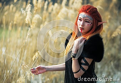 Elf women with fiery hair on nature. Cosplay character Stock Photo