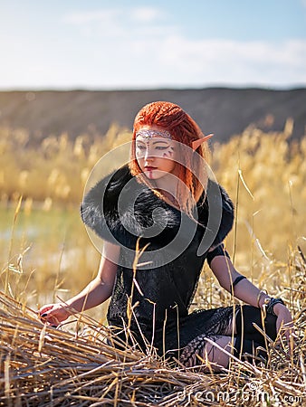 Elf women with fiery hair on nature. Stock Photo