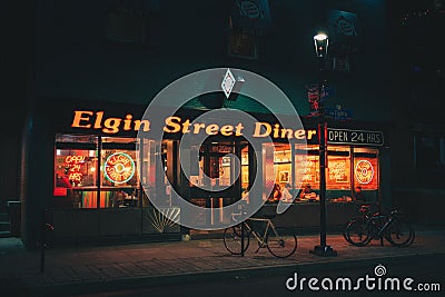 The Elgin Street Diner vintage signs at night, Ottawa, Ontario, Canada Editorial Stock Photo