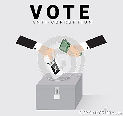 Eligible voter or constituency drop the black ballot in locked ballot box with money from hand of god for general election day. Th Vector Illustration