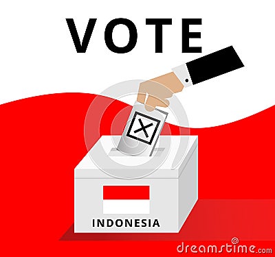 Eligible voter or constituency dropping ballots in the election box with national flag patterns, hand of Indonesian man in suit Vector Illustration