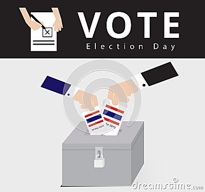 Eligible voter or constituency in locked ballot box for general election day, hand of the man in suit dropped the card in box Vector Illustration