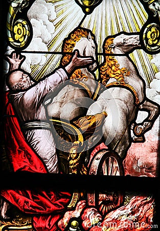 Elijah on the Chariot of Fire - Stained Glass Stock Photo