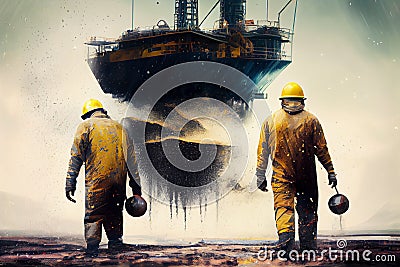 Elimination of an emergency situation at an oil producing station. Workers in protective uniforms work on an offshore Stock Photo