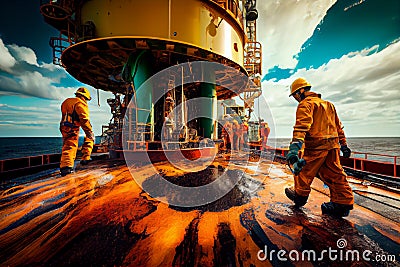 Elimination of an emergency situation at an oil producing station. Workers in protective uniforms work on an offshore Stock Photo