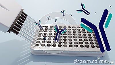 ELISA kits with removable plate strips and scattered floating antibody molecules Stock Photo
