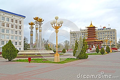 ELISTA, RUSSIA. The Sacred Lotus fountain and a pagoda of Seven Days at Lenin Square. Kalmykia Editorial Stock Photo