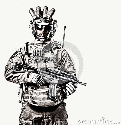 Elite forces soldier in ammunition studio shoot Stock Photo