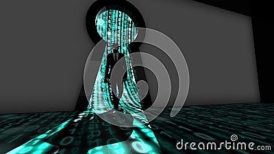 Elite hacker entering a room in turquoise Cartoon Illustration