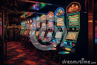 Elite room in the luxury vip casino with rows of gambling slots machine with bright neon colors. Generative AI Stock Photo