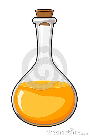 Elixir in glass bottle. Orange magic potion illustration isolated on white. Flask with chemical substance with bubble. Medicine or Vector Illustration