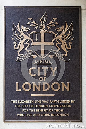 Elizabeth Line City of London Plaque at Farringdon Station Editorial Stock Photo