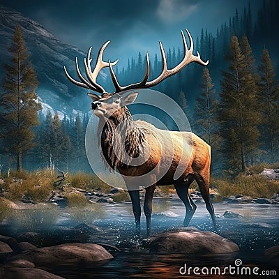 Elk Bugling While Standing in Creek Cartoon Illustration