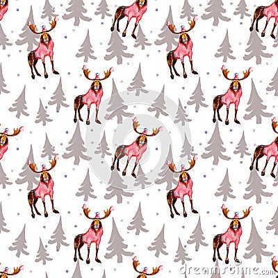 Elk and firtrees, winter hand drawn background, watercolor seamless pattern. Stock Photo