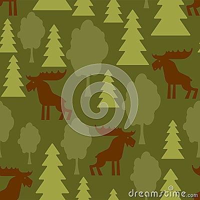 Elk in forest Military Pattern seamless. Deer and trees Soldierly and protective Background. Army fabric ornament Vector Illustration