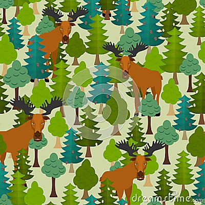 Elk in forest pattern seamless. Deer in forest trees background Vector Illustration