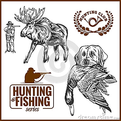 Elk hunting, Hunting logo hunting dog with a wild duck in his teeth and design elements. Vector Illustration