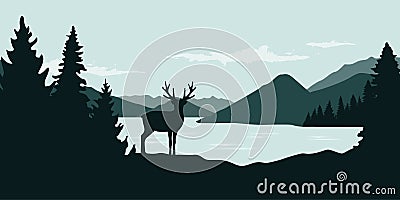 Elk by the river green forest wildlife nature landscape Vector Illustration