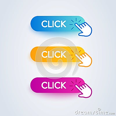 Click here colorful button set with hand icon on white background. Flat line gradient button collection. Vector web element Vector Illustration