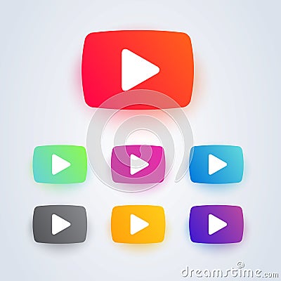 Set of video play button icon with different colors. Vector web element. Vector Illustration